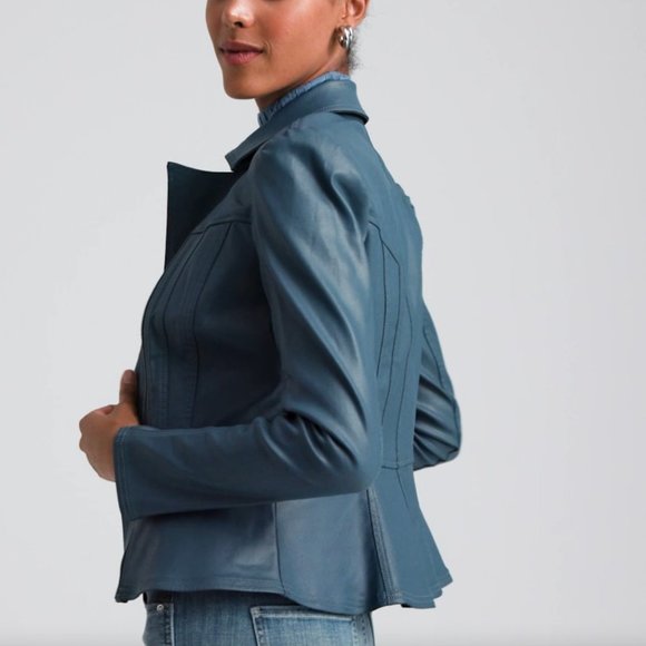 WHBM $200 Coated Denim Peplum Jacket Blue True Indigo - Picture 4 of 10